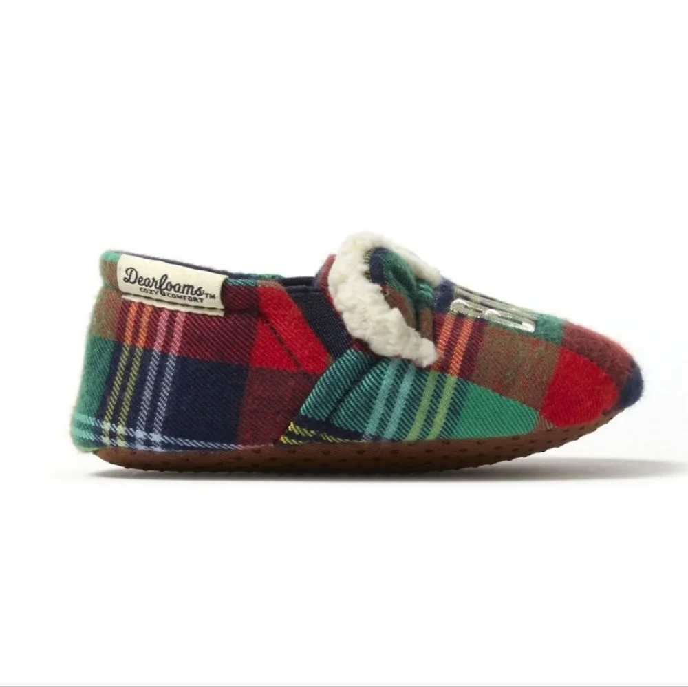 Dearfoams Cozy Comfort Kids Baby Bear Plaid Closed Back Slippers, Size 1/2, NWT